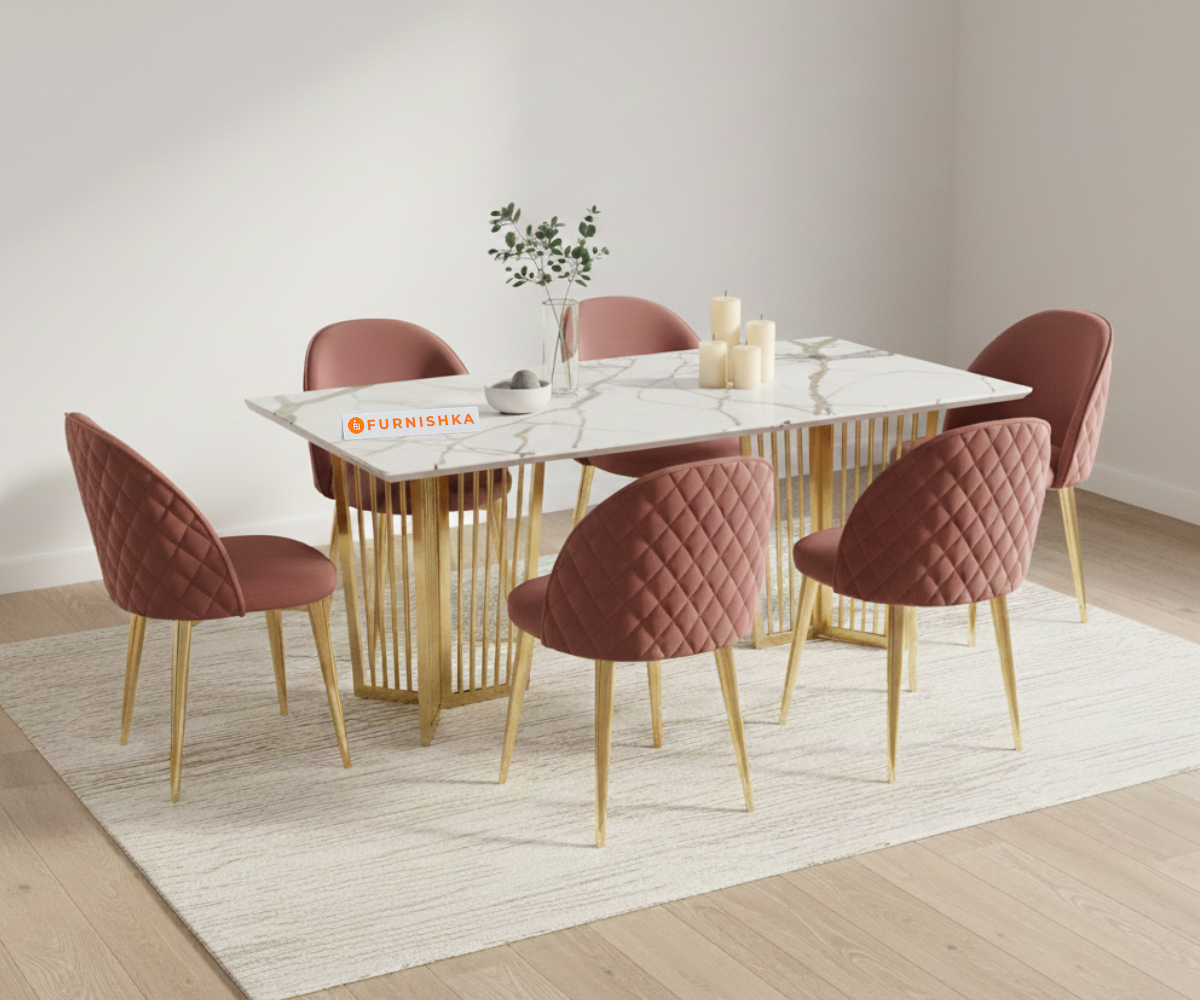Barolo 6 Seater Dining Sets with White Engineered Marble Top - Furnishka