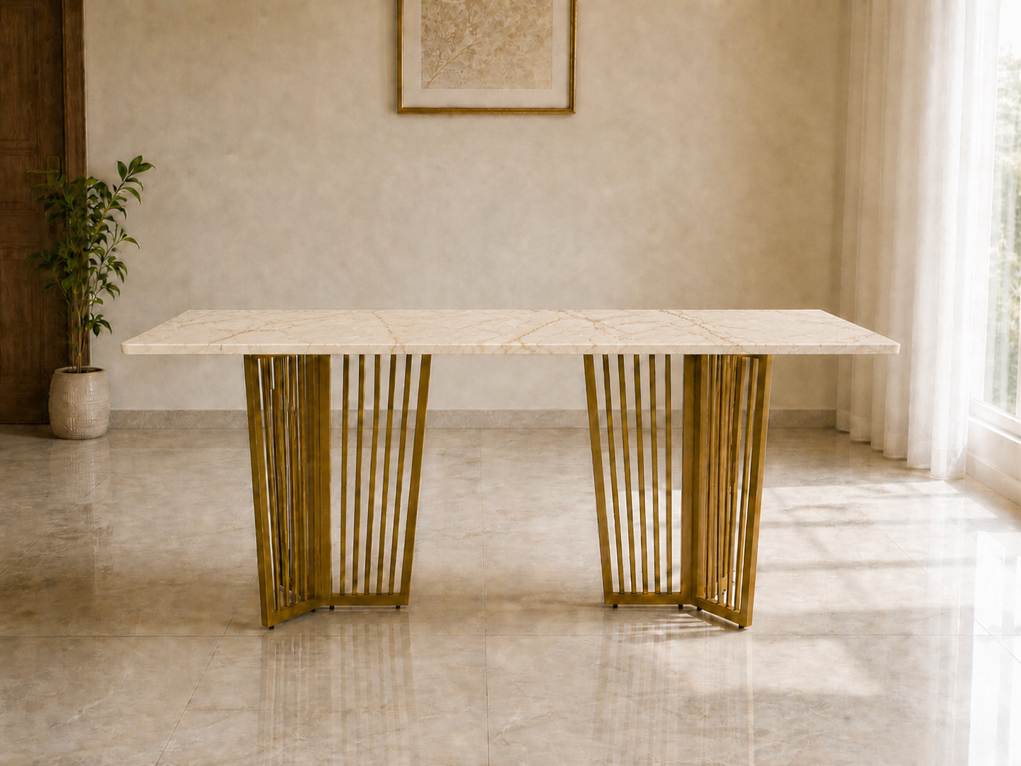 Barolo Dining Table 6 Seater PVD Gold Base - Furnishka 
