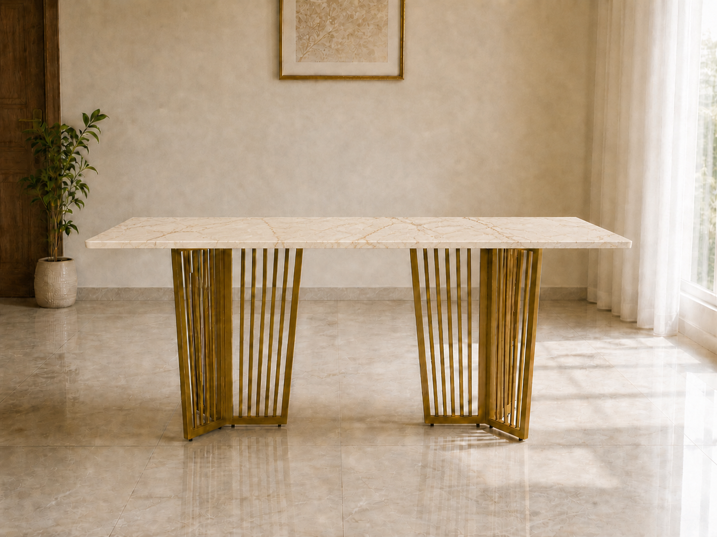 Barolo Dining Table 6 Seater PVD Gold Base - Furnishka 