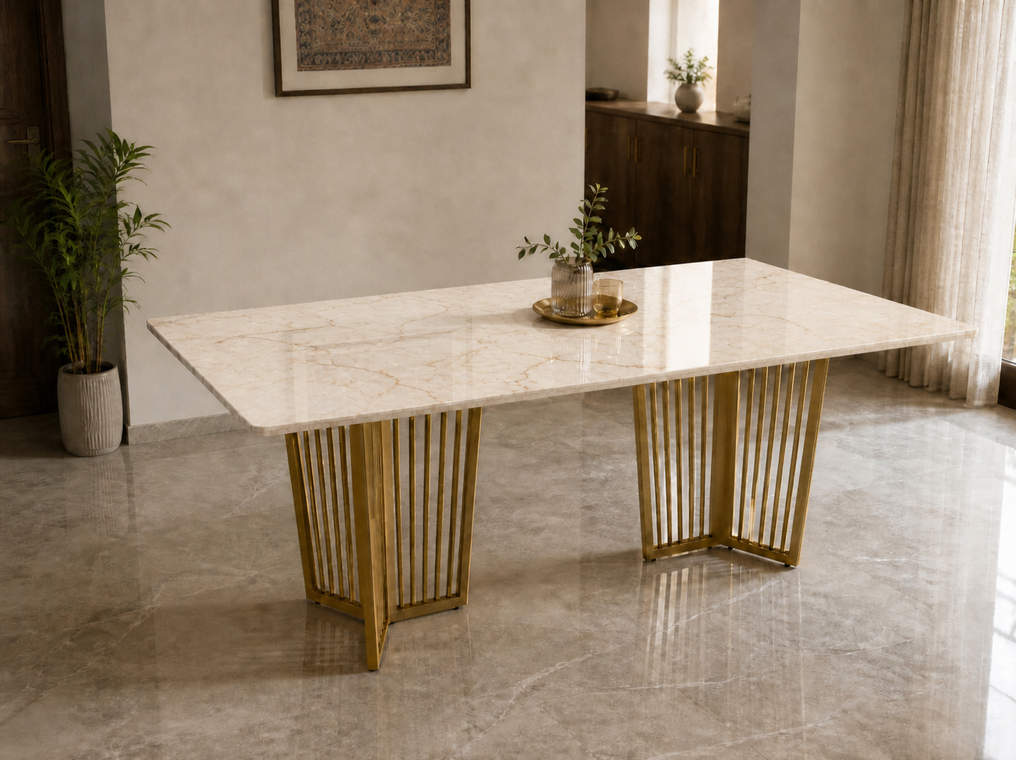 Barolo Dining Table 6 Seater PVD Gold Base - Furnishka 