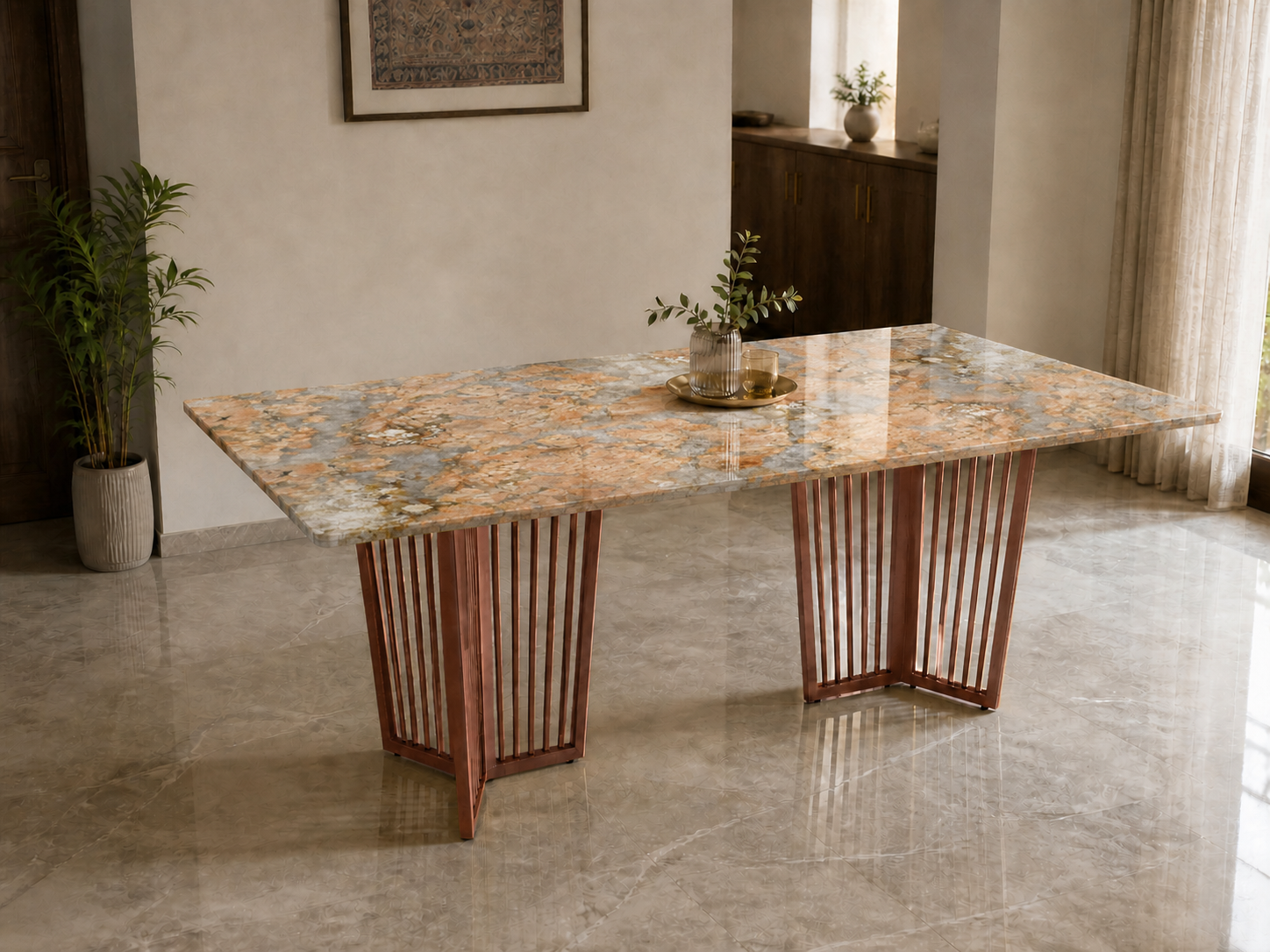 Barolo Dining Table 6 Seater Rose Gold Base - Furnishka