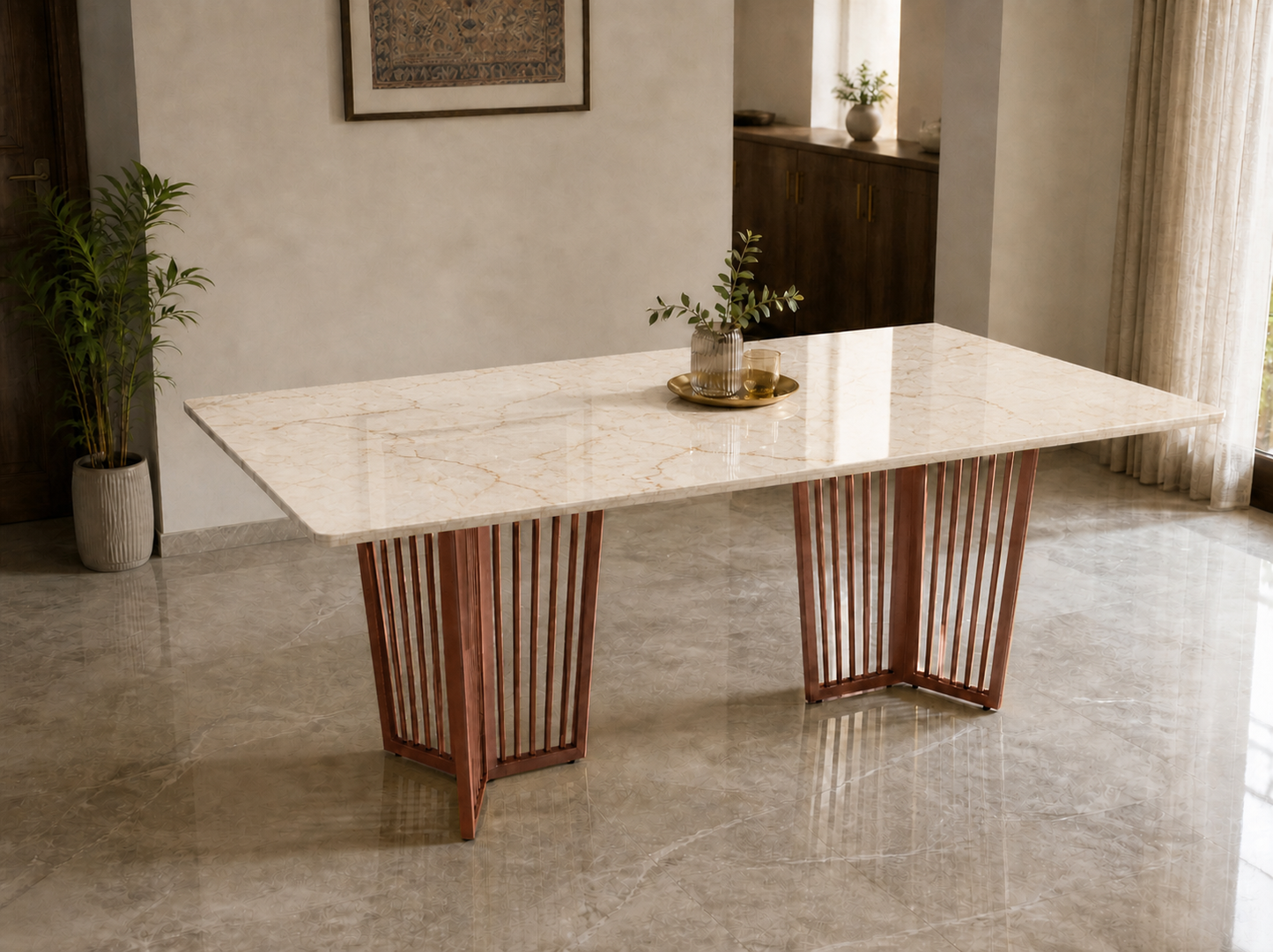 Barolo Dining Table 6 Seater Rose Gold Base - Furnishka