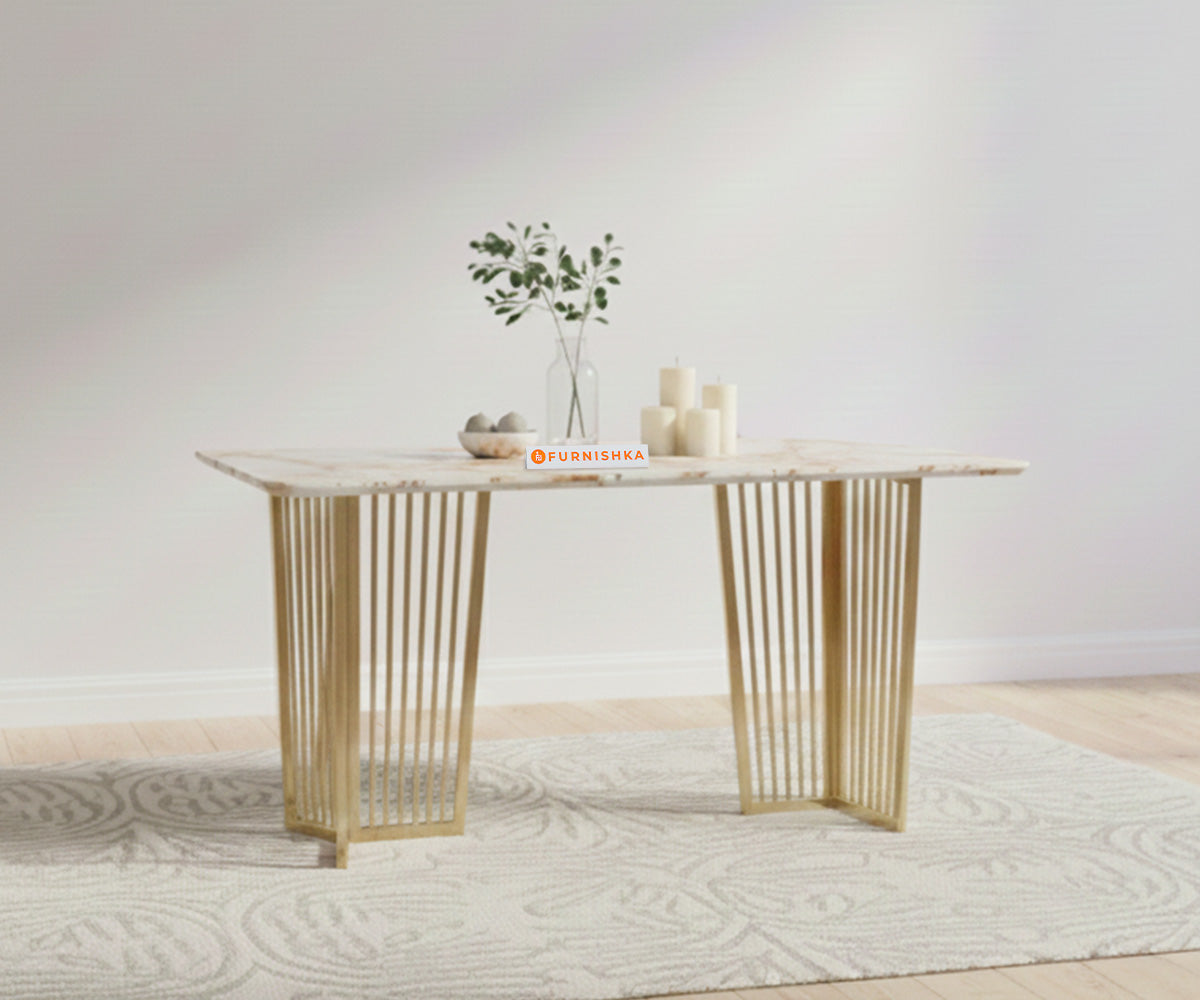 Barolo Dining Table with ROSALIA GOLD sandwich Engineering Marble Top - 4 Seater in Gold Finish - Furnishka 