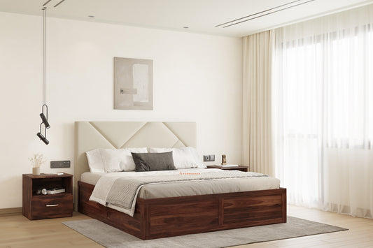 Agatha Sheesham Wood bed with Upholstered headboard Box Storage King Size