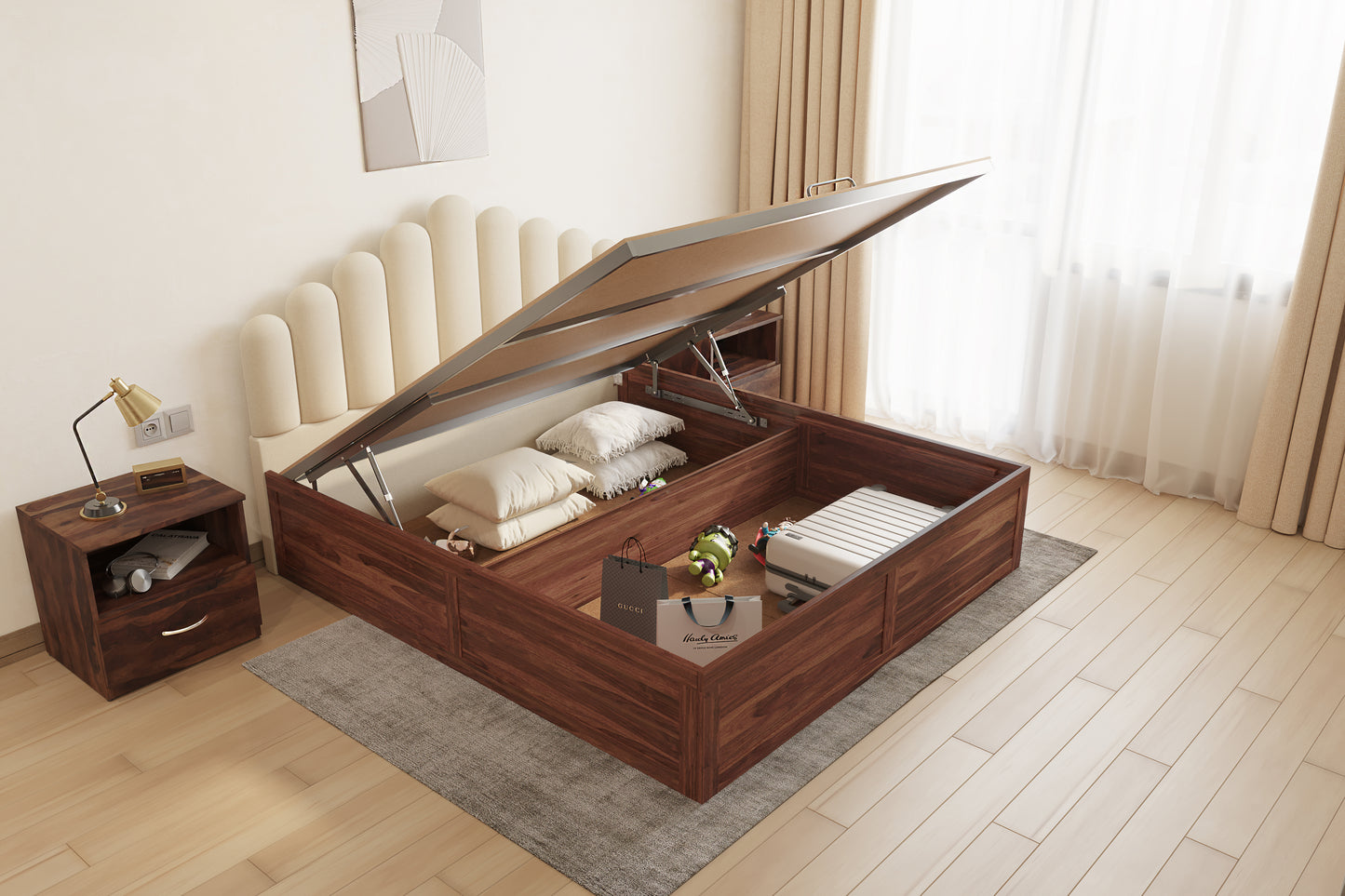 Dora Sheesham Wood bed with Upholstered headboard Hydraulic Storage Queen Size