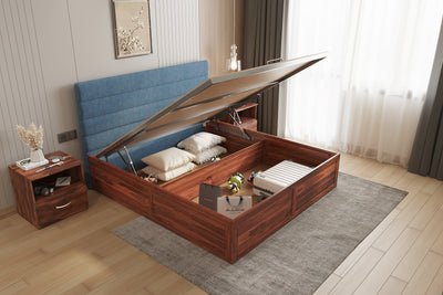Niva Sheesham Wood bed with Upholstered headboard Hydraulic Storage King Size