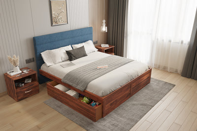 Niva Sheesham Wood bed with Upholstered headboard Drawer Storge King Size