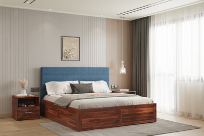Niva Sheesham Wood bed with Upholstered headboard Box Storage King Size