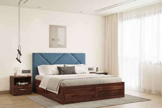 Agatha Sheesham Wood bed with Upholstered headboard Box Storage Queen Size
