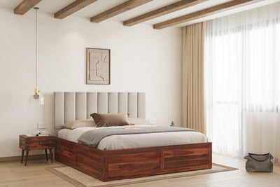Augustus Sheesham Wood bed with Upholstered headboard Box Storage King Size