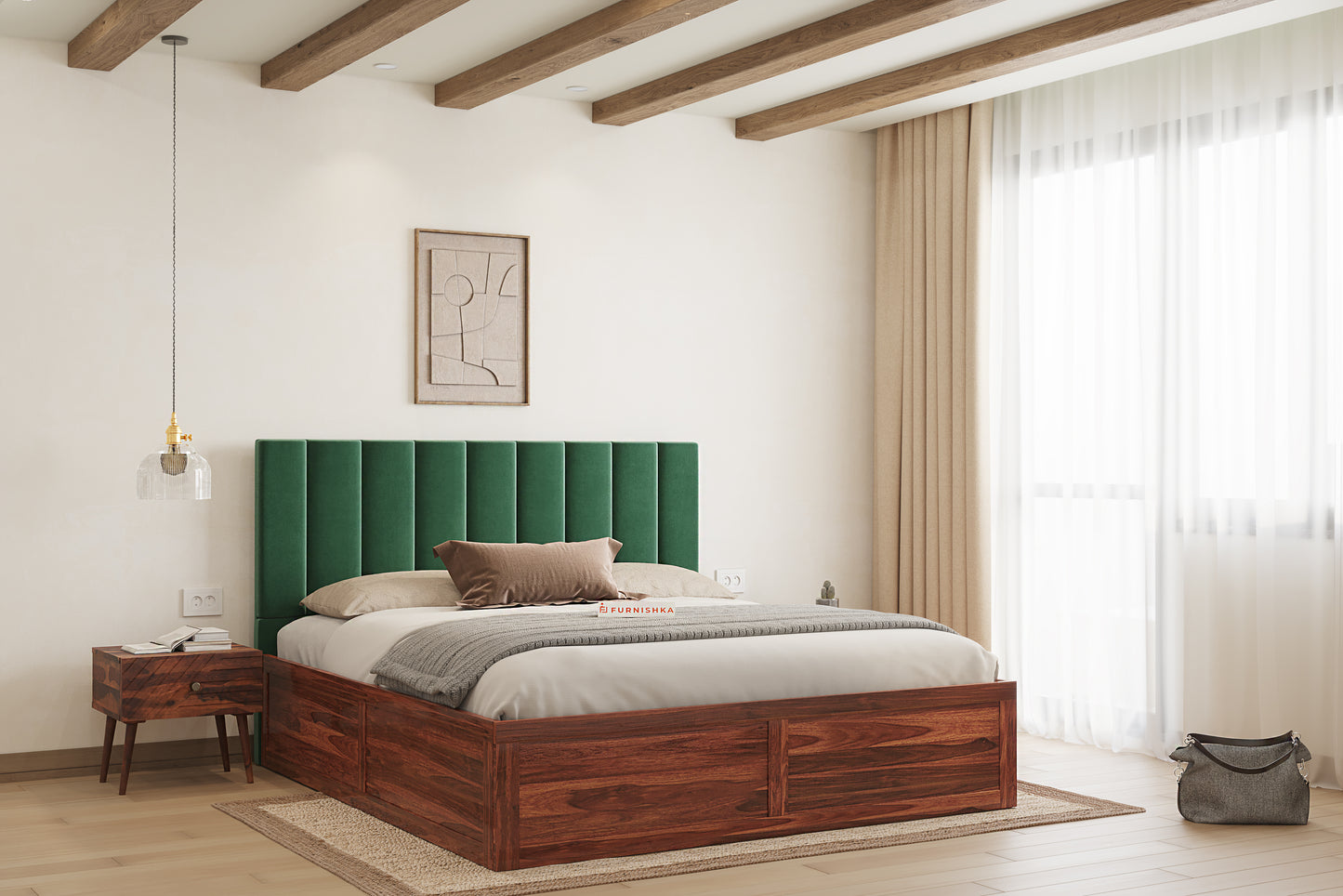 Augustus Sheesham Wood bed with Upholstered headboard Box Storage King Size