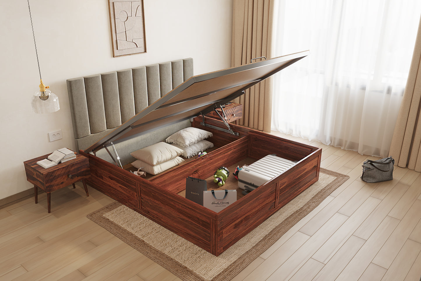 Augustus Sheesham Wood bed with Upholstered headboard Hydraulic Storage King Size