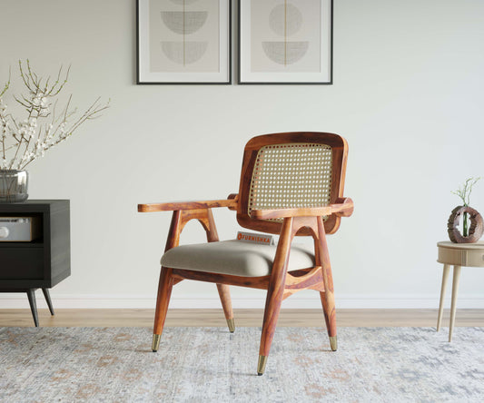 Cane Harmony Riva Sheesham Wood Arm Chair with Cane in Teak Finish - Furnishka