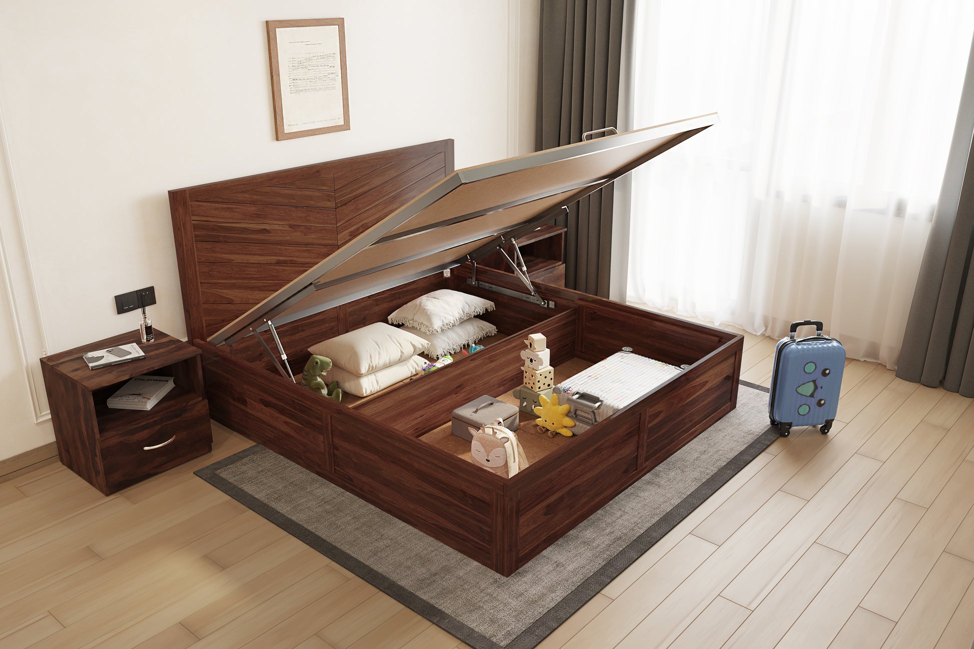 Chevora Hydraulic Bed in Sheesham - King Size - Furnishka 