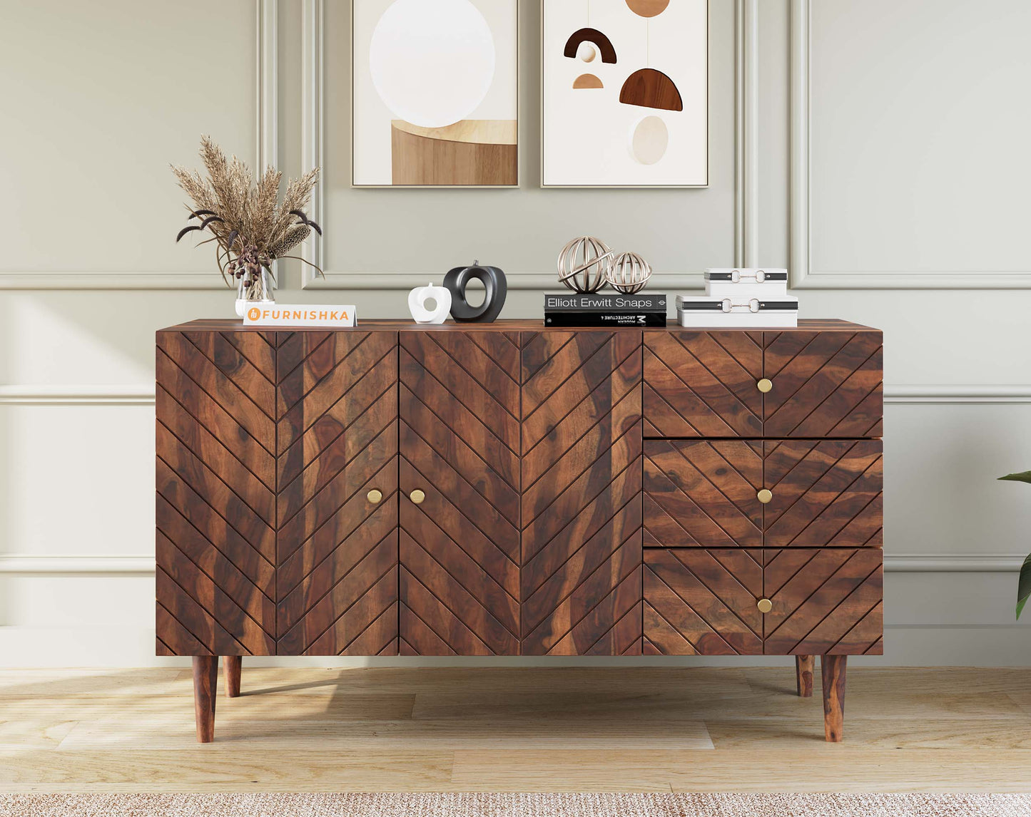 Chevora Toshi Sideboard With 2 shutters and 3 drawers in Sheesham - Furnishka 