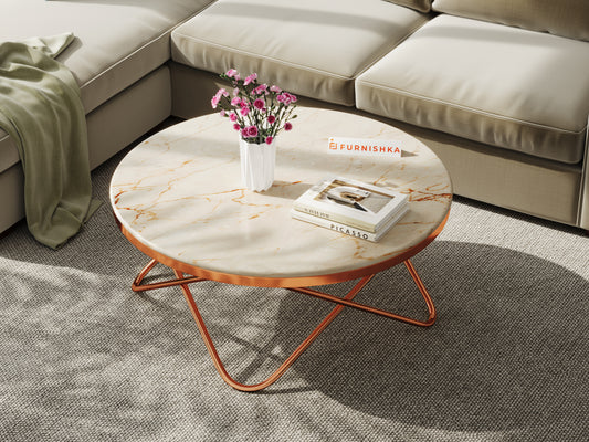 Clos Coffee Table with ROSALIA GOLD Marble Top in Rose Gold Finish - Furnishka 