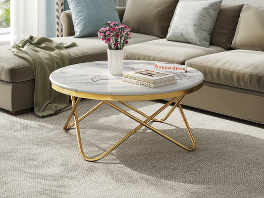 Clos Coffee Table with White Engineered Marble Top in  Gold Finish - Furnishka 
