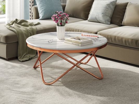 Clos Coffee Table with White Engineered Marble Top in Rose Gold Finish - Furnishka 