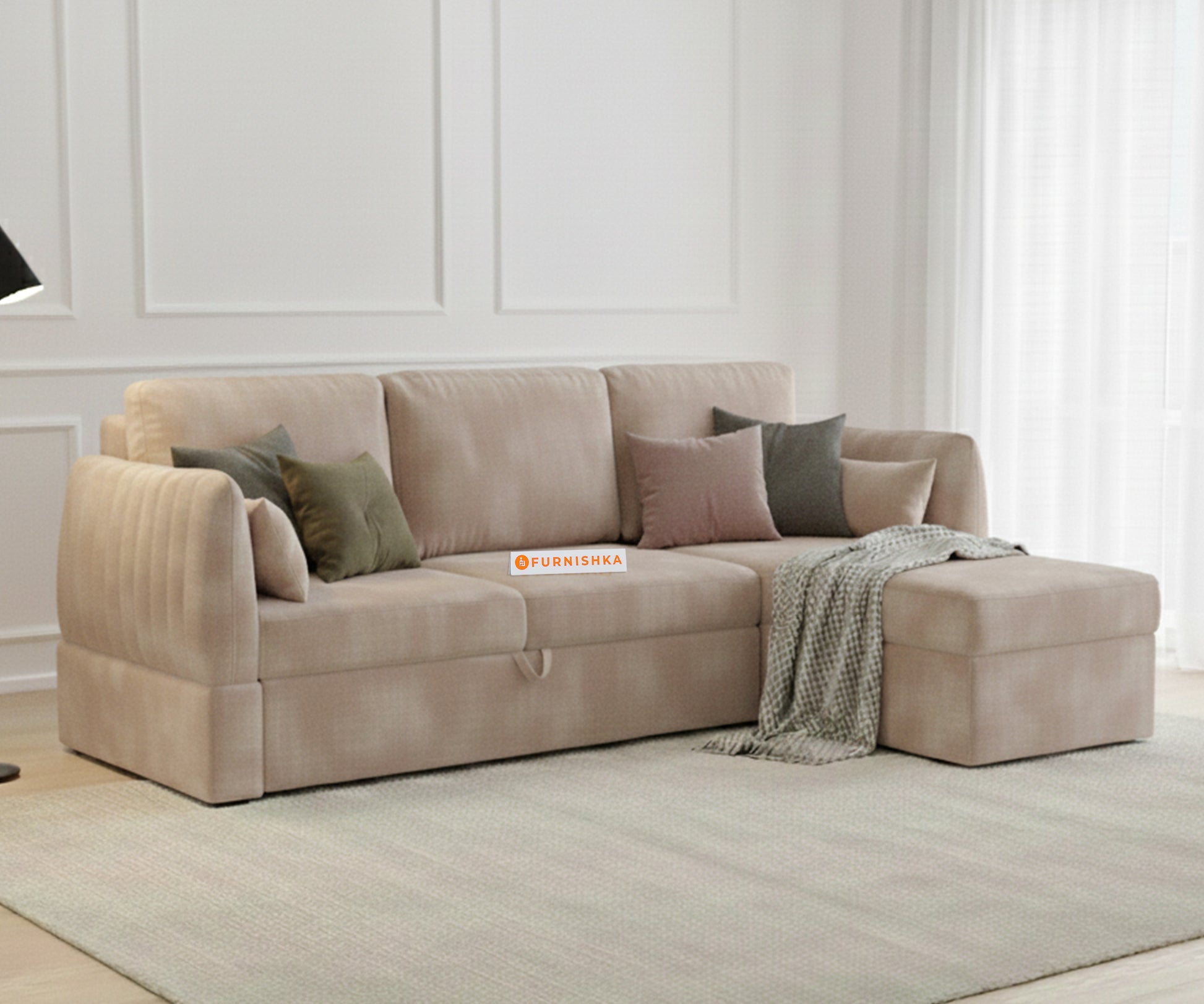 Corbida Sofa 2+L RHS Sofa cum Bed - Pull out Type Light Beige - Furnishka