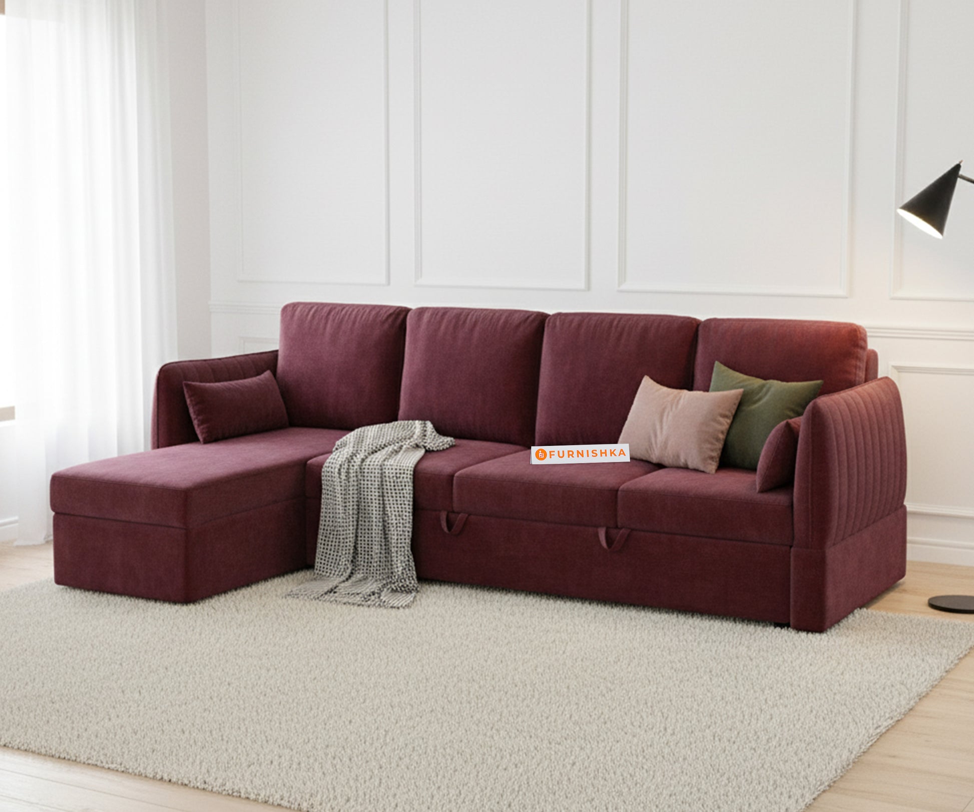 Corbida Sofa 3+L LHS Sofa cum Bed  - Pull out Type Red Wine - Furnishka 