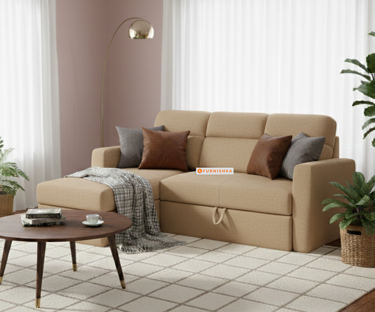 Daina 2 Seater Sectional Sofa cum Bed - LHS Light Beige - Furnishka 