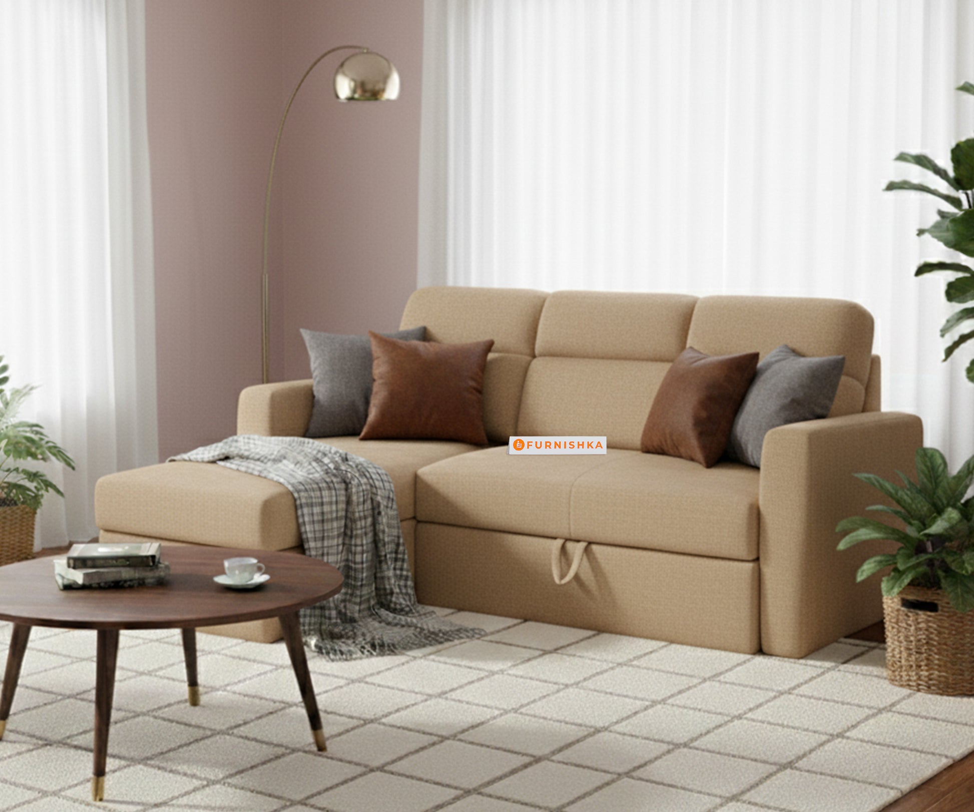 Daina 2 Seater Sectional Sofa cum Bed - LHS Light Beige - Furnishka 