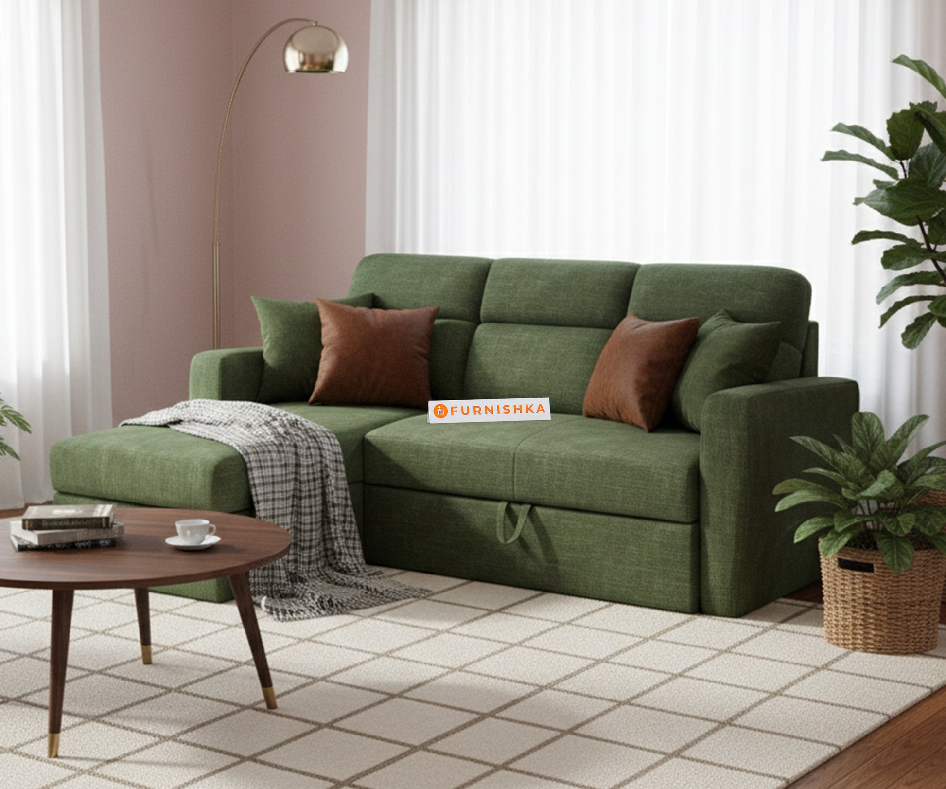 Daina 2 Seater Sectional Sofa cum Bed - LHS Pine Green - Furnishka 