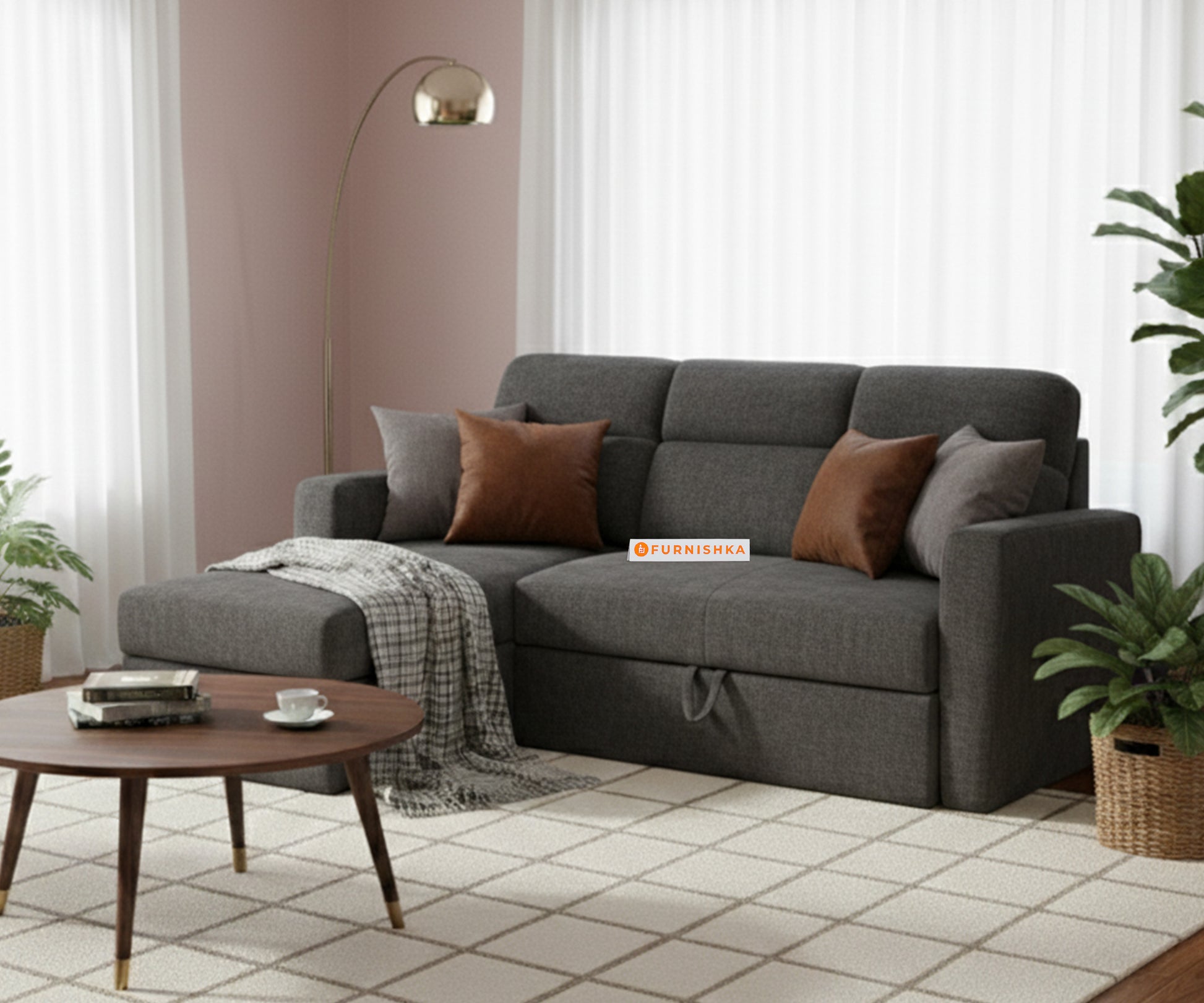 Daina 2 Seater Sectional Sofa cum Bed - LHS Space Grey - Furnishka 