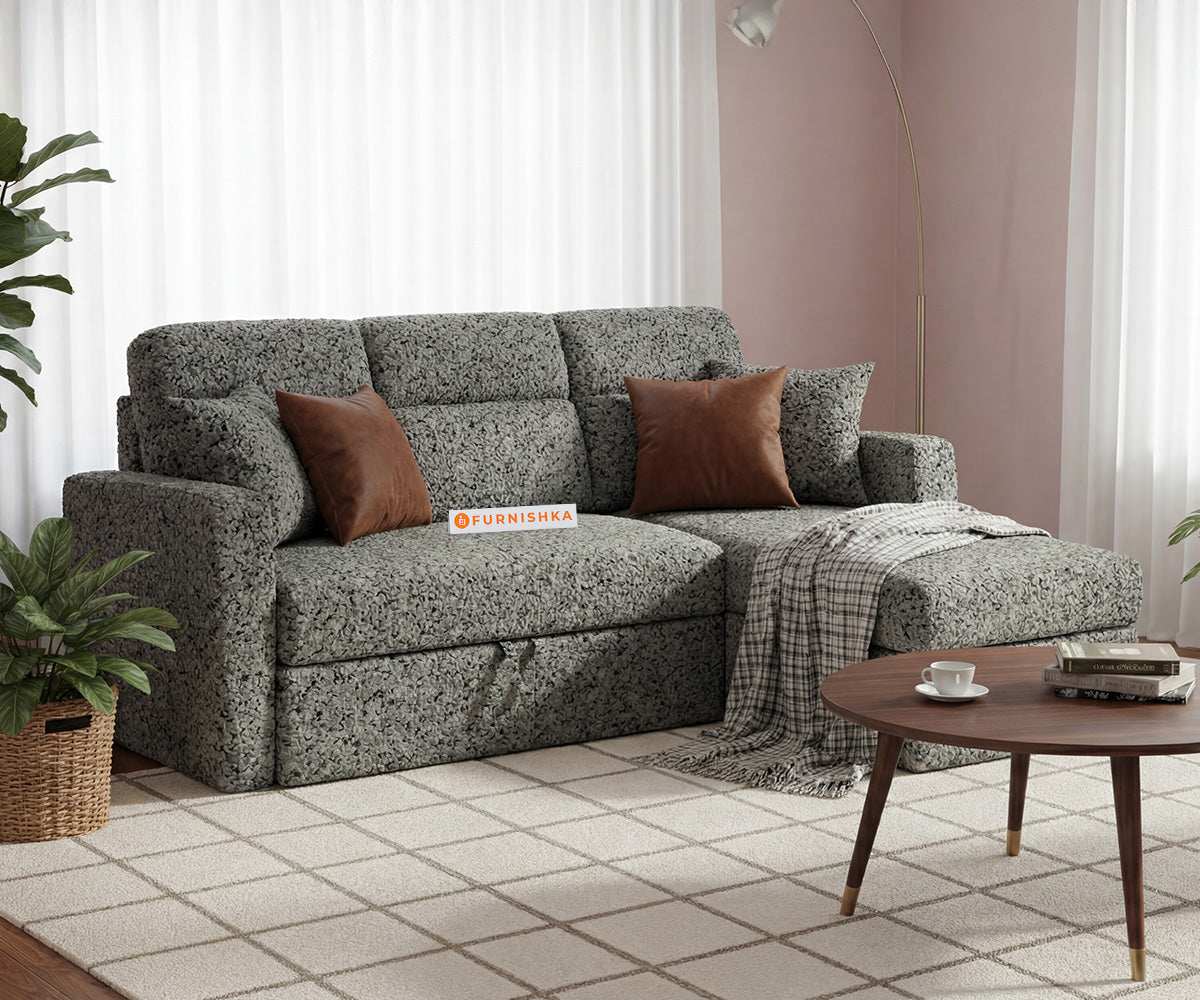 Daina 2 Seater L Shape Sofa cum Bed with Anthology Fabric Green-RHS - Furnishka