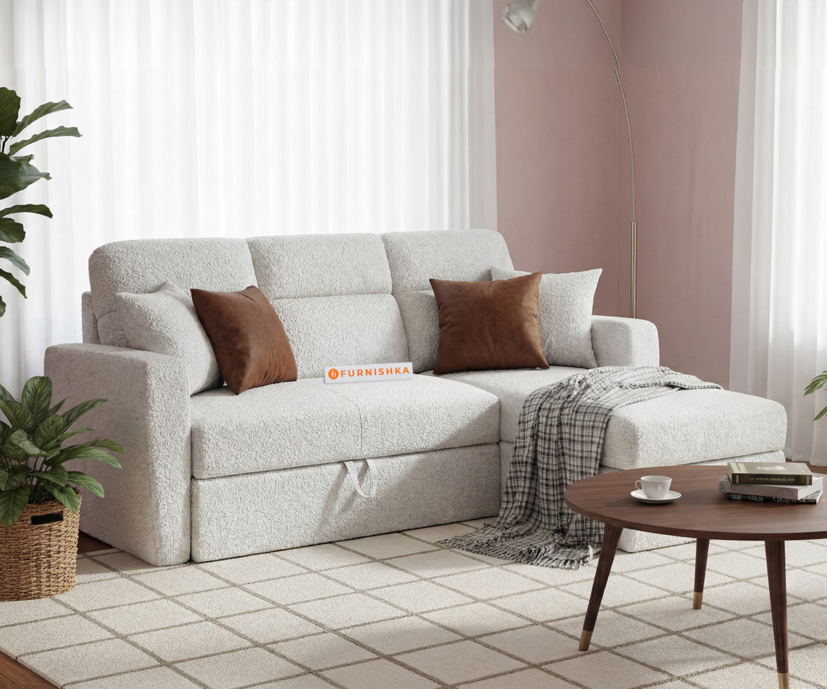 Daina 2 Seater Sectional Sofa cum Bed with Anthology Fabric Light Beige-RHS - Furnishka 