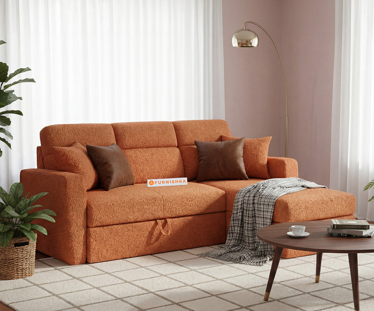 Daina 2 Seater L Shape Sofa cum Bed with Anthology Fabric orange-RHS - Furnishka