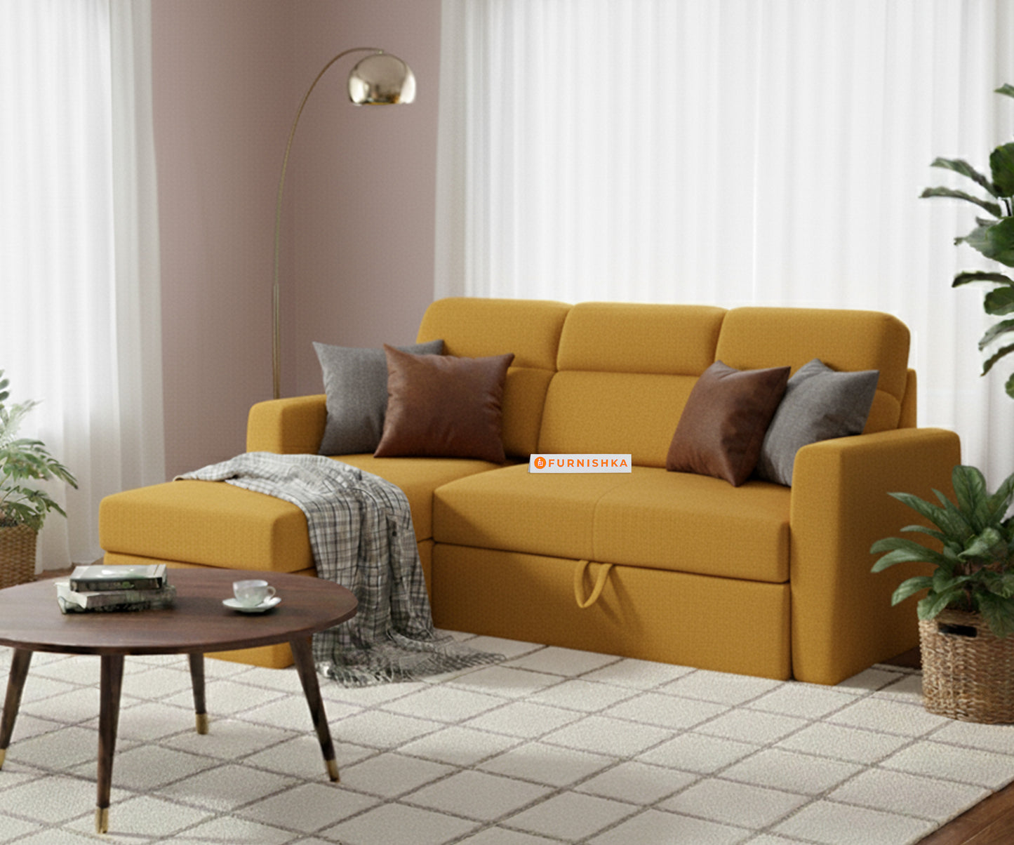 Daina 2 Seater Sofa cum Bed - LHS Mustard Yellow - Furnishka 