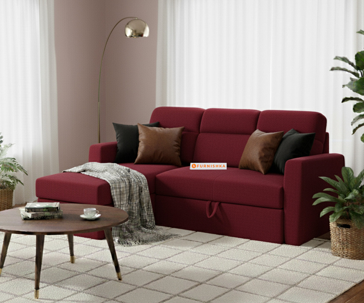 Daina 2 Seater Sofa cum Bed - LHS Red Wine - Furnishka 