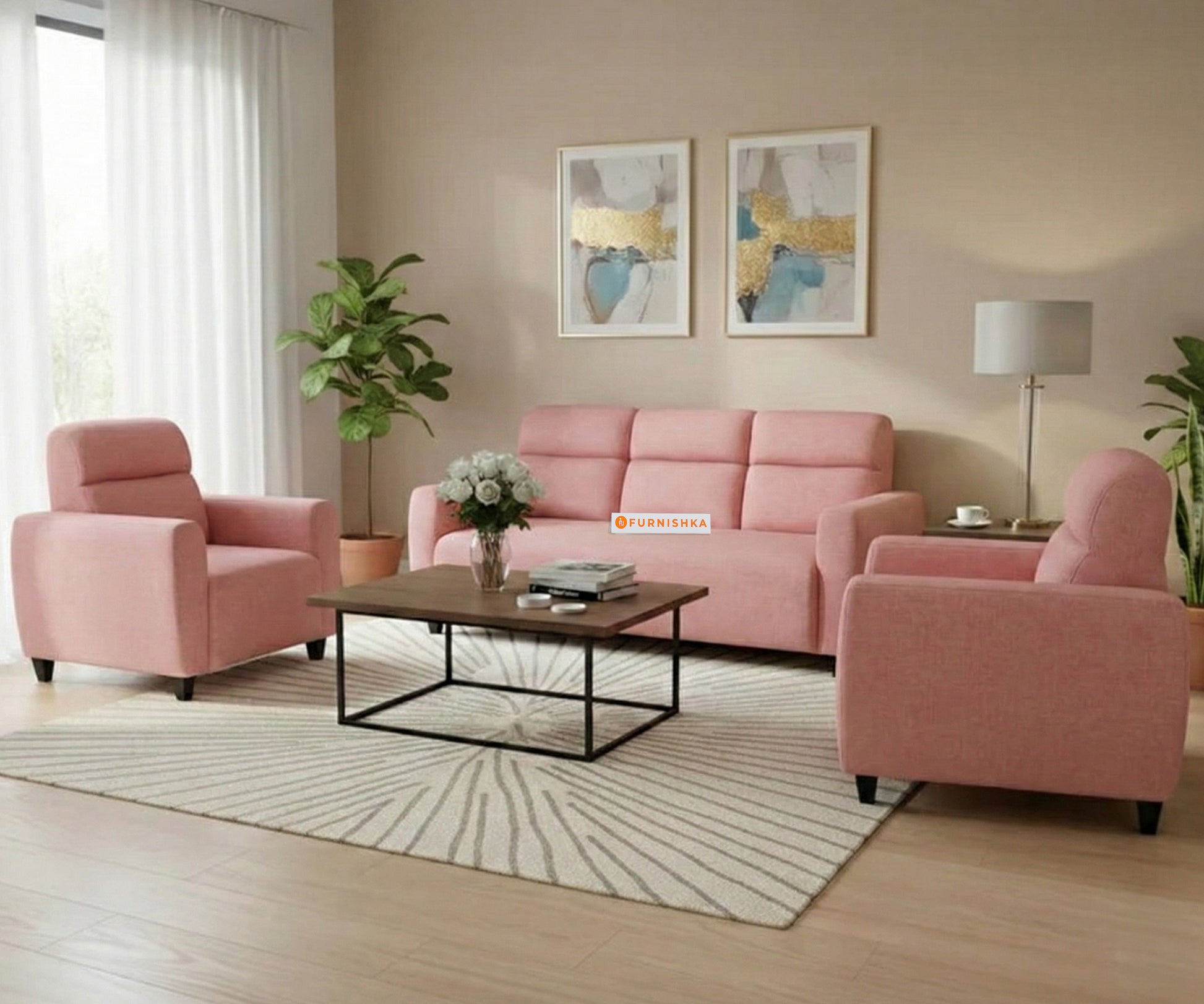 Daina 3+1+1 Seater Sofa Set Flamingo Pink - Furnishka 