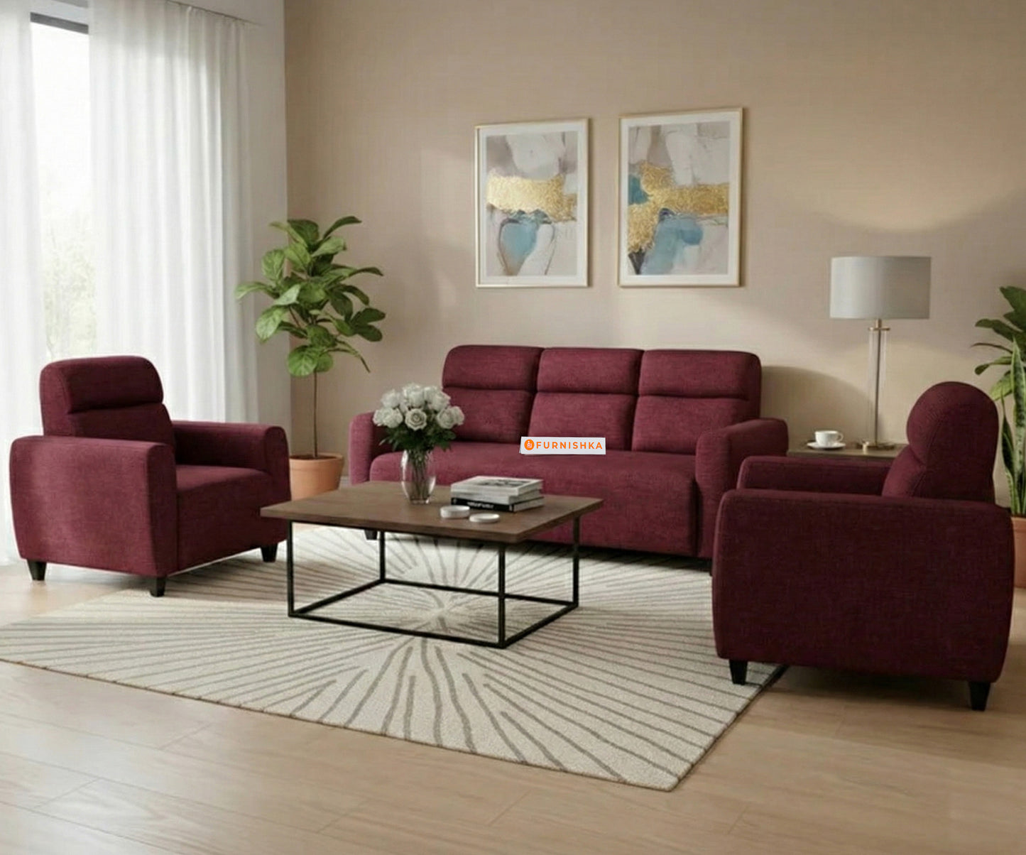 Daina 3+1+1 Seater Sofa Set Red Wine - Furnishka 