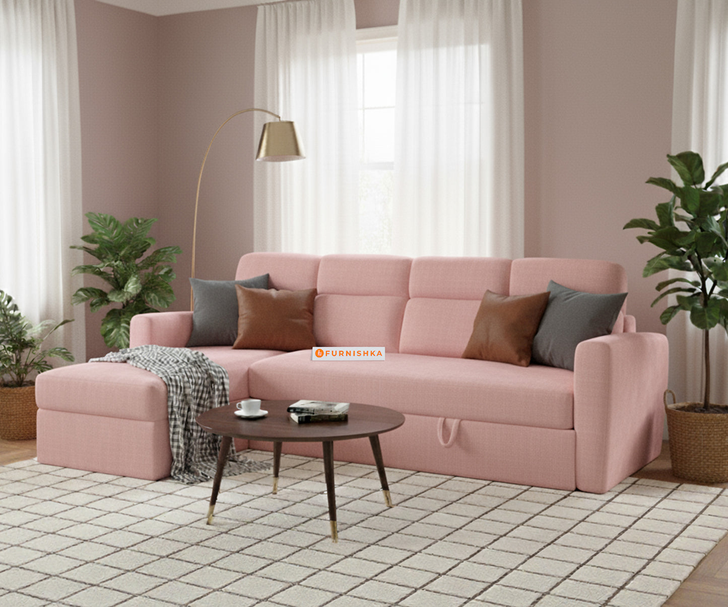 Daina 3 Seater Sectional Sofa cum Bed - LHS Flamingo Pink - Furnishka 