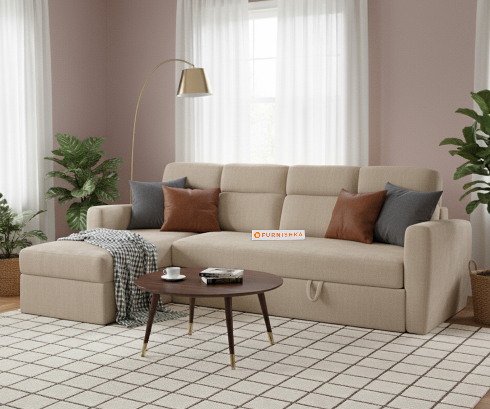 Daina 3 Seater Sectional Sofa cum Bed - LHS Light Beige - Furnishka 