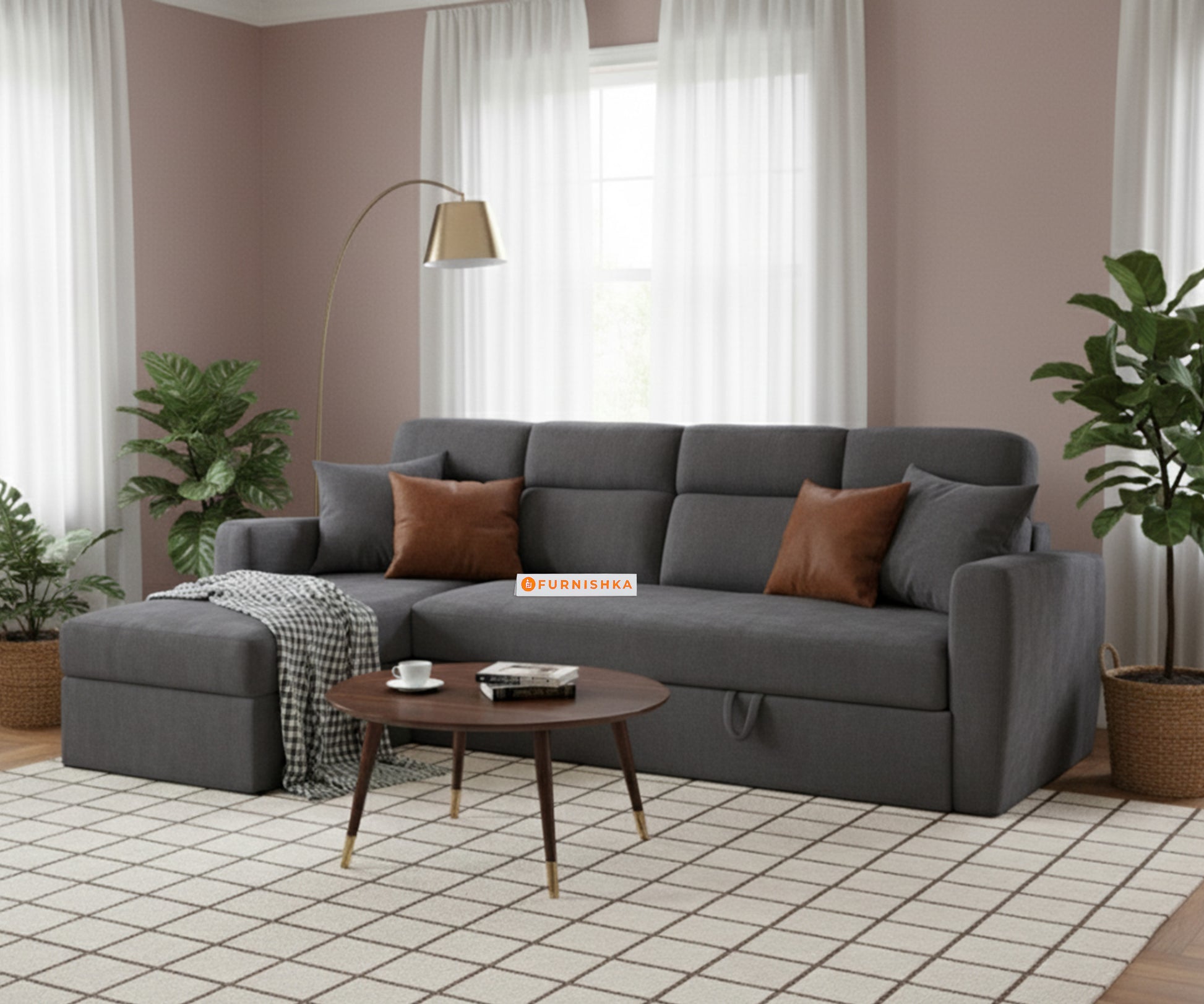 Daina 3 Seater Sectional Sofa cum Bed - LHS Space Grey - Furnishka 