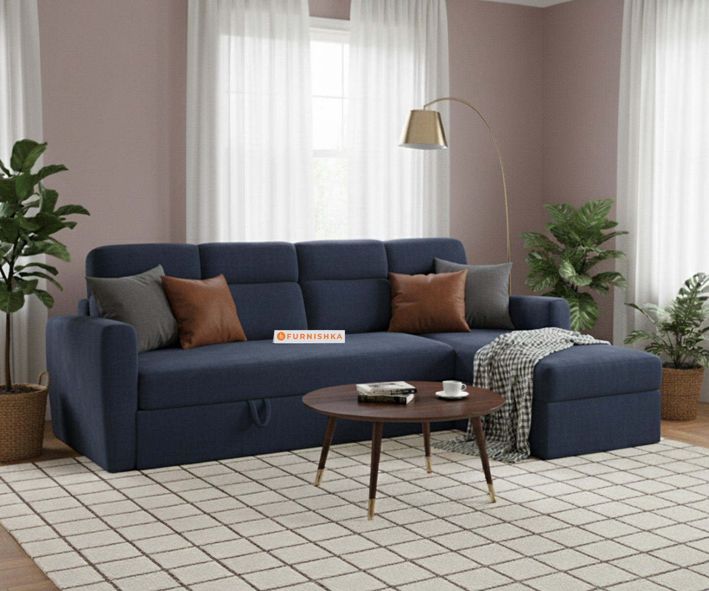 Daina 3 Seater Sectional Sofa cum Bed - RHS Persian Blue - Furnishka 