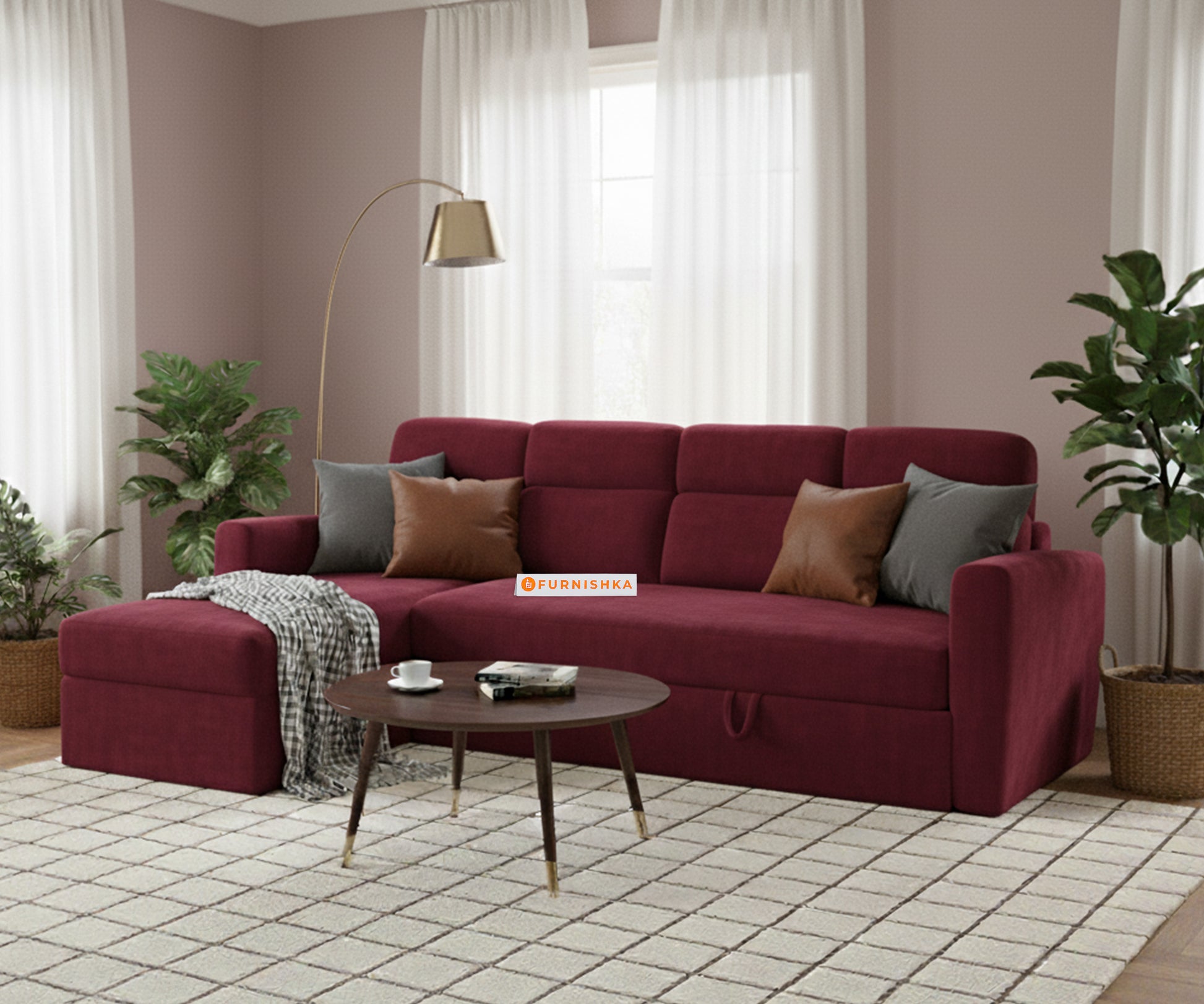Daina 3 Seater Sofa cum Bed - LHS Red Wine - Furnishka 