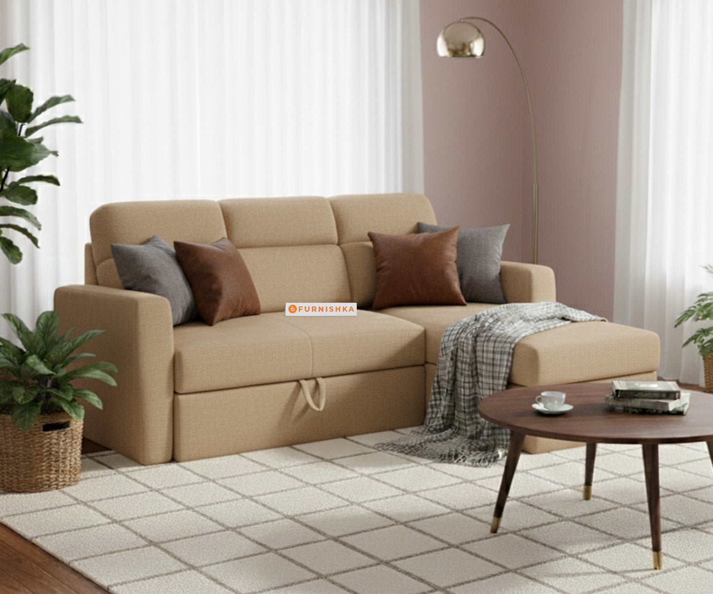 Daina 2 Seater Sectional Sofa cum Bed - RHS Light Beige