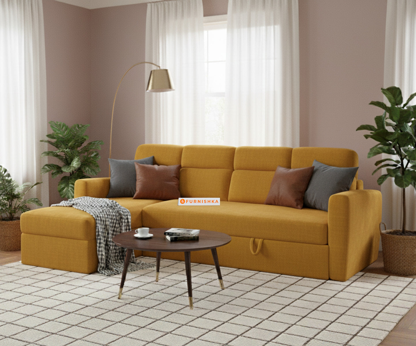 Daina 3 Seater Sectional Sofa cum Bed - LHS Mustard Yellow