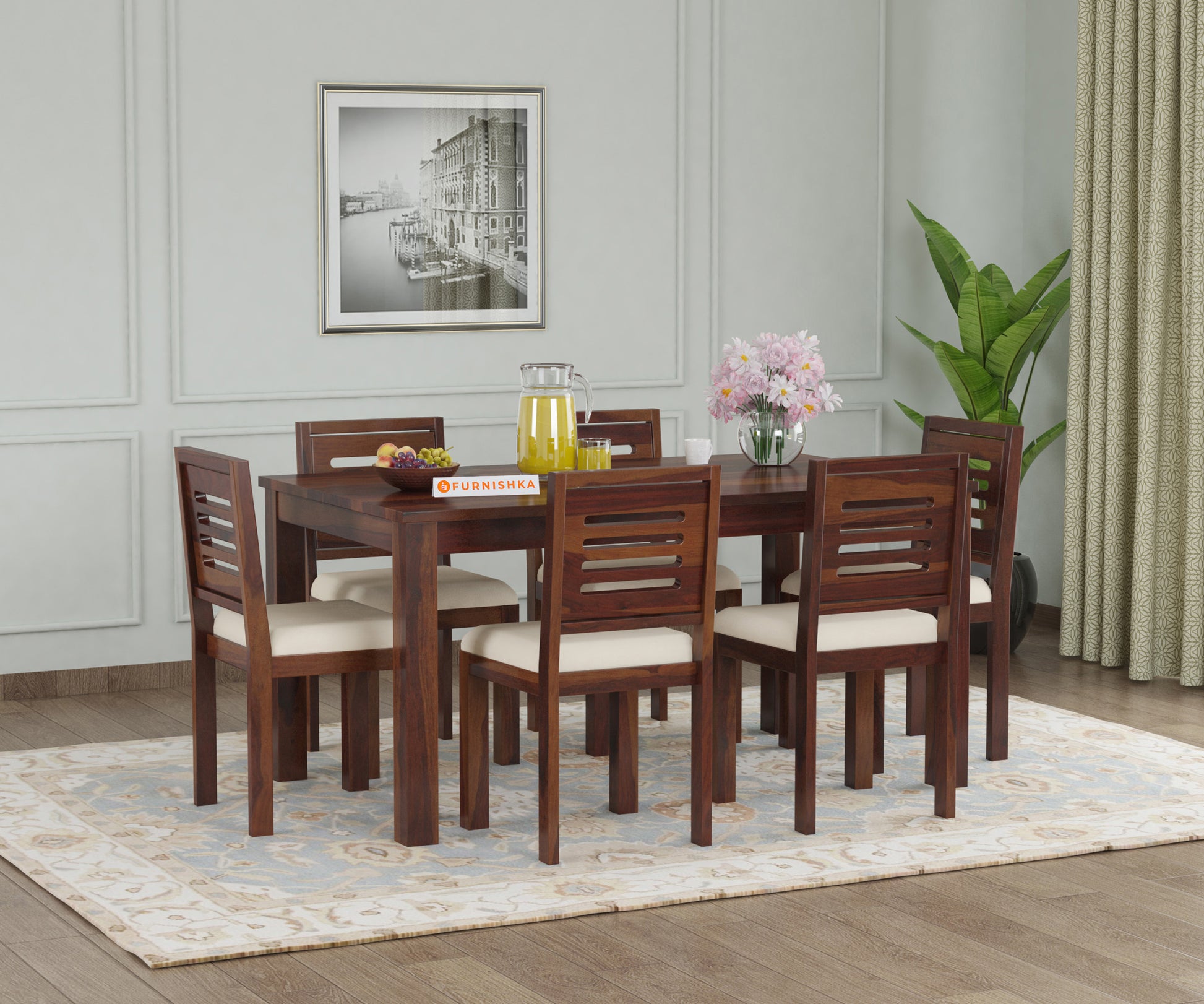Daria Sheesham Wood 6 Seater Dining Sets With Cushion Top Chair - Furnishka 