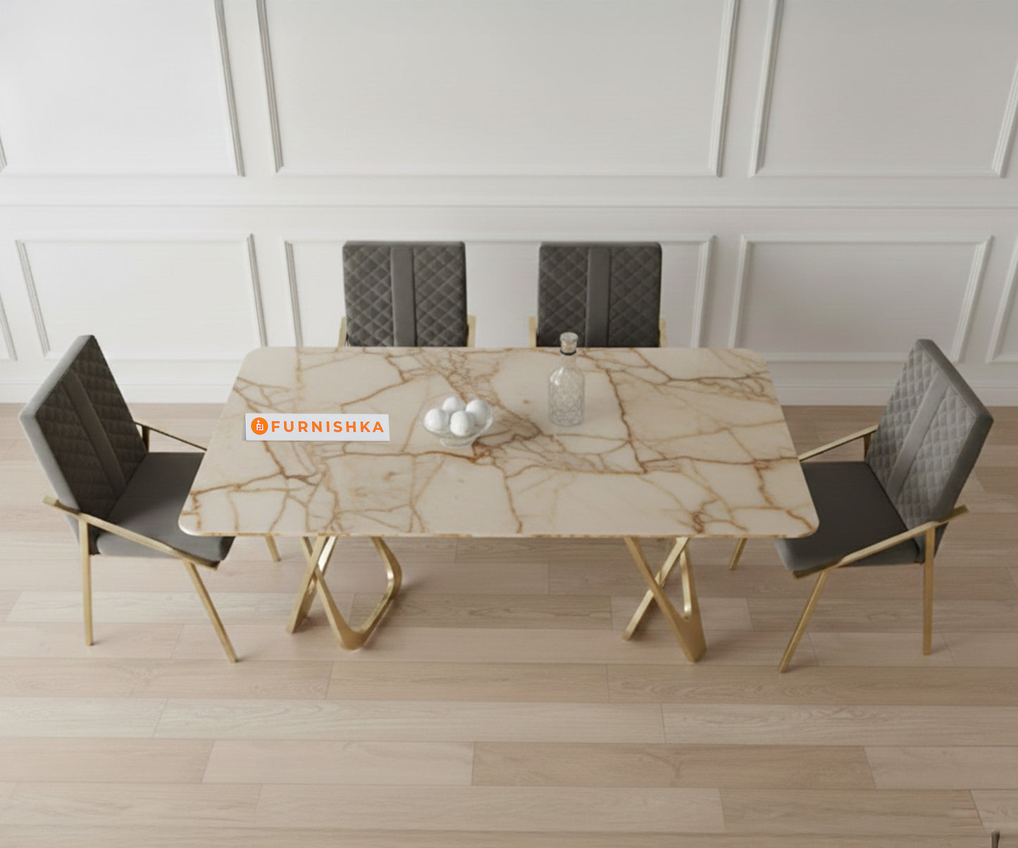 Dolce 4 Seater Dining Sets with Rosalia Gold Sandwich Engineering Marble Top Gold Finish - Furnishka 