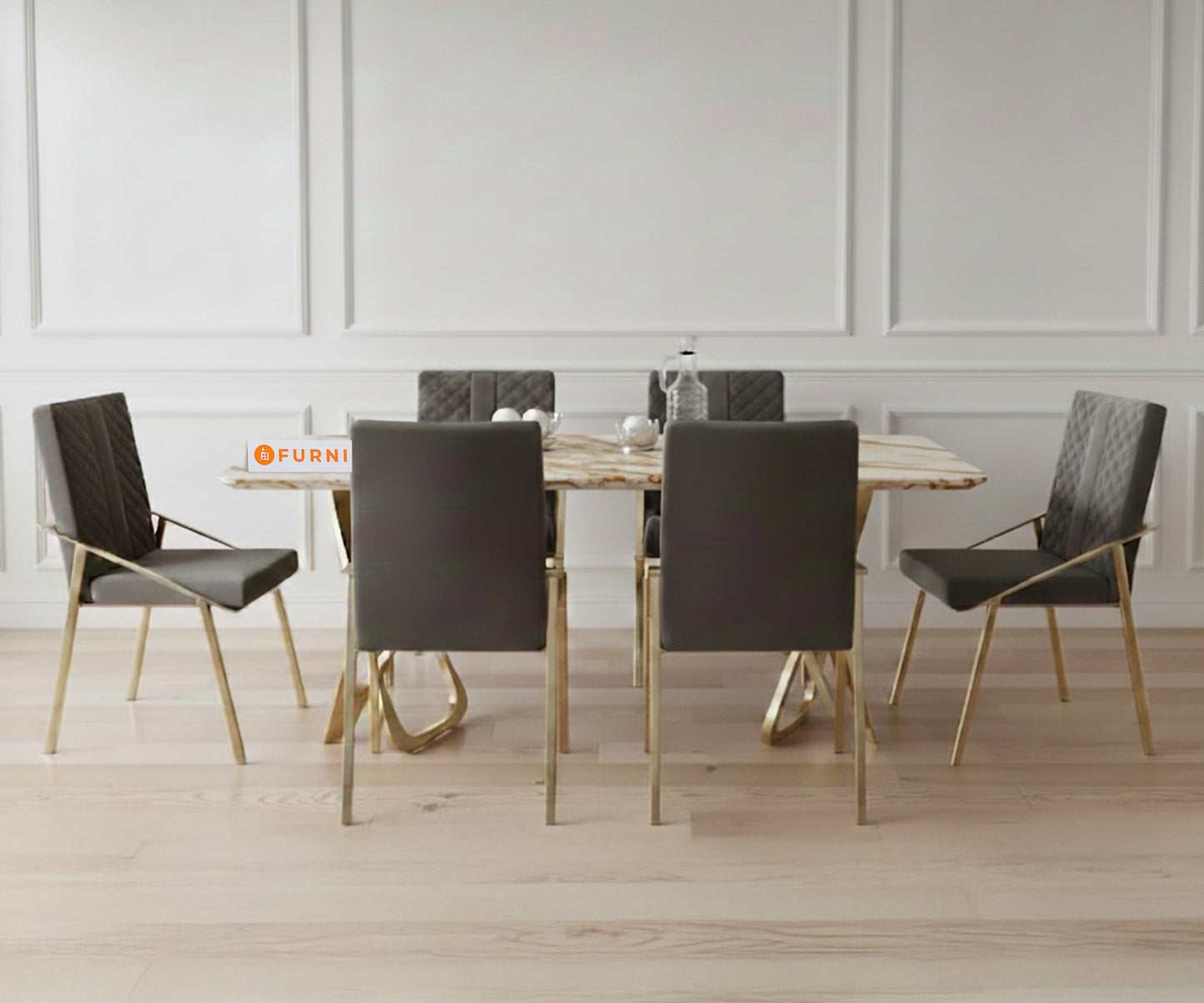 Dolce 6 Seater Dining Sets with ROSALIA GOLD sandwich Engineering Marble Top - Furnishka 