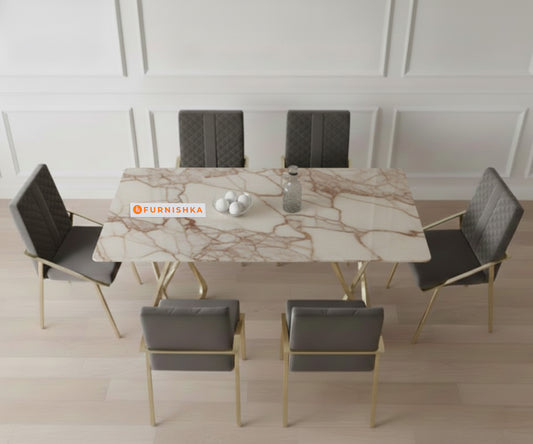Dolce 6 Seater Dining Sets with ROSALIA GOLD sandwich Engineering Marble Top - Furnishka