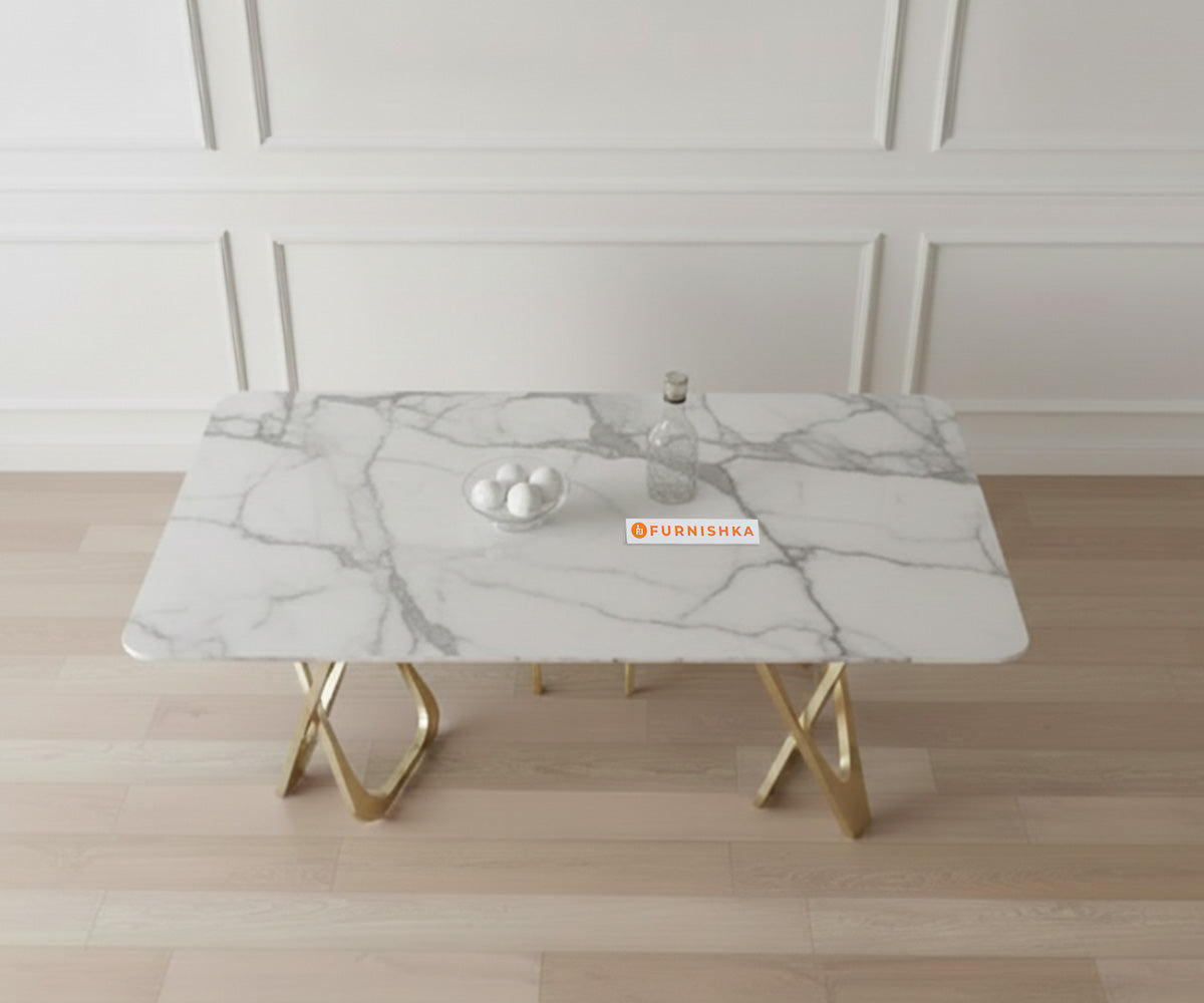 Dolce Dining Table with White Engineered Marble Top - 4 Seater - Furnishka 