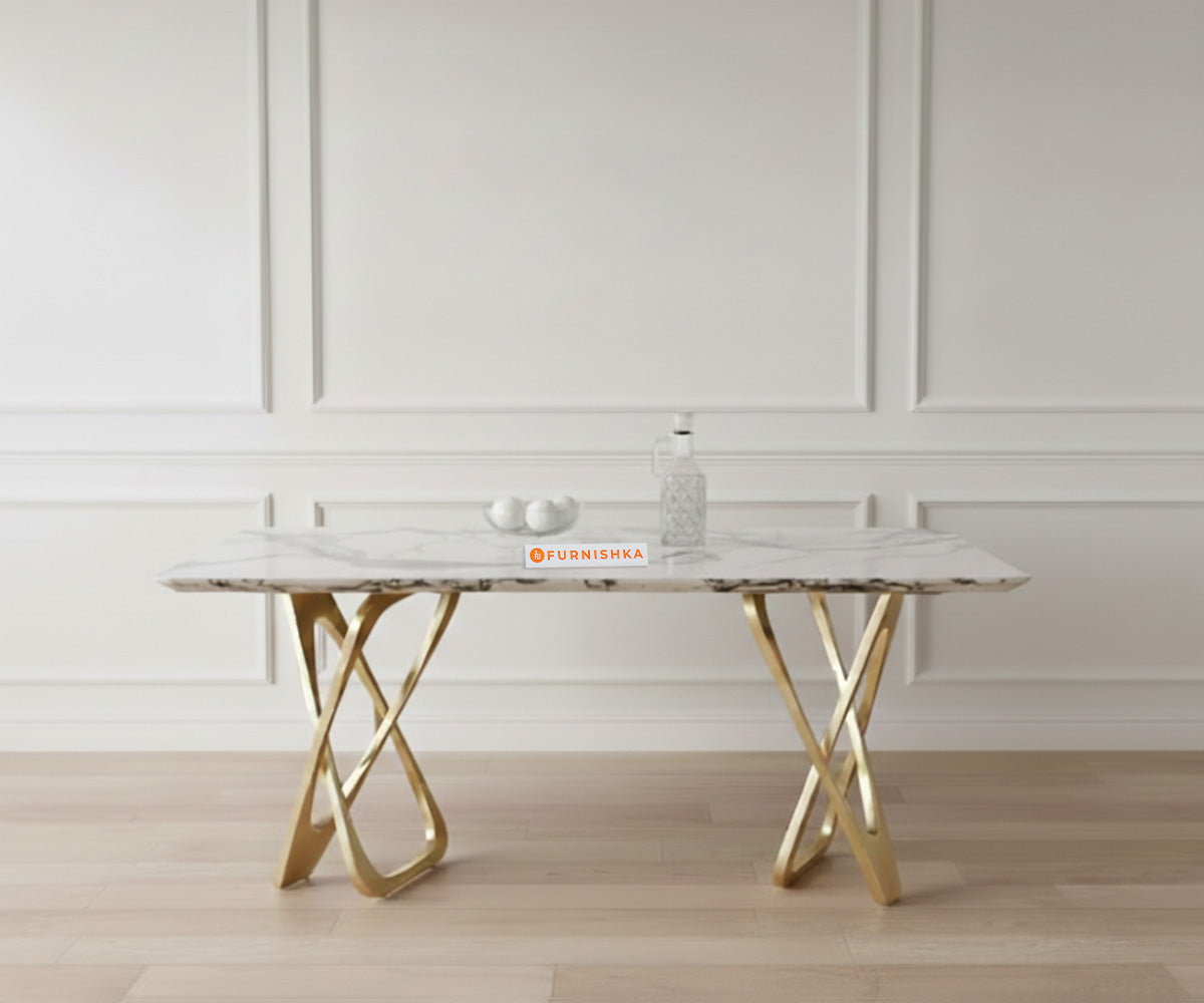 Dolce Dining Table with White Engineered Marble Top - 6 Seater - Furnishka 