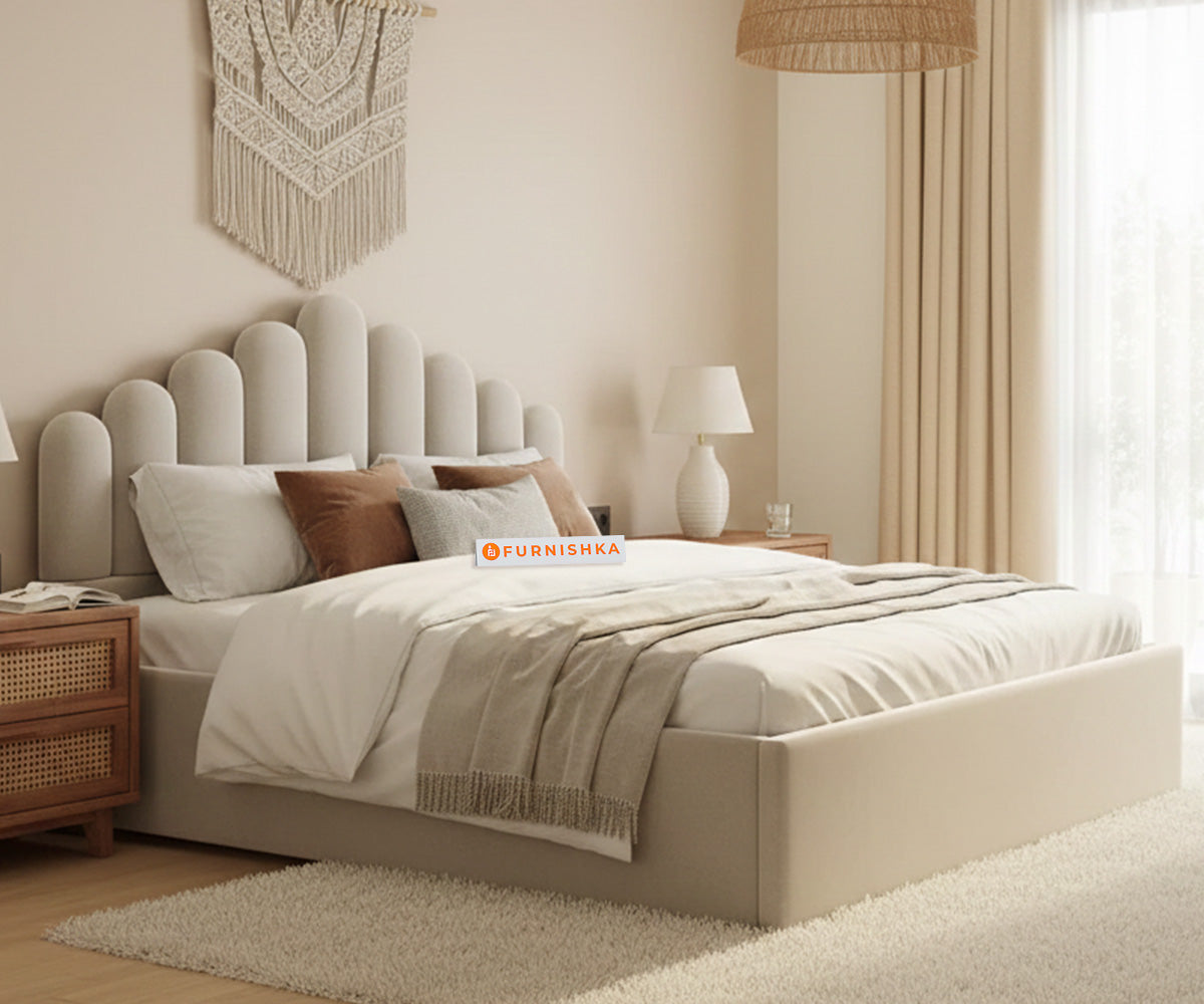 Dora Fabric bed with Uphold Hydraulic Storage  Light Beige -Queen Size - Furnishka 