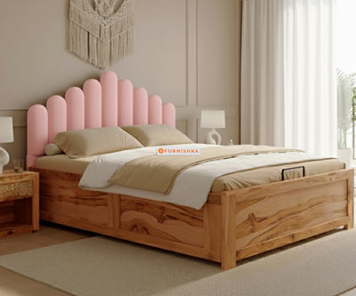 Dora Real Teak wood Hydraulic Bed King Size - Flamingo Pink